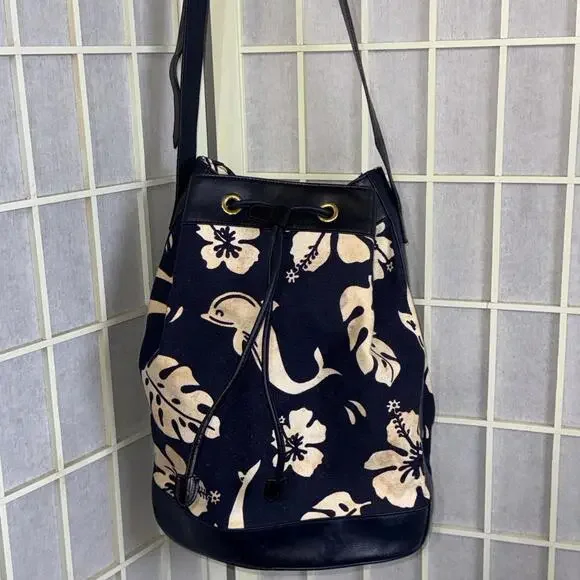 VTG ESCADA Nautical Dolphin Floral Blue Leather Drawstring Bucket Bag Crossbody - Picture 1 of 15